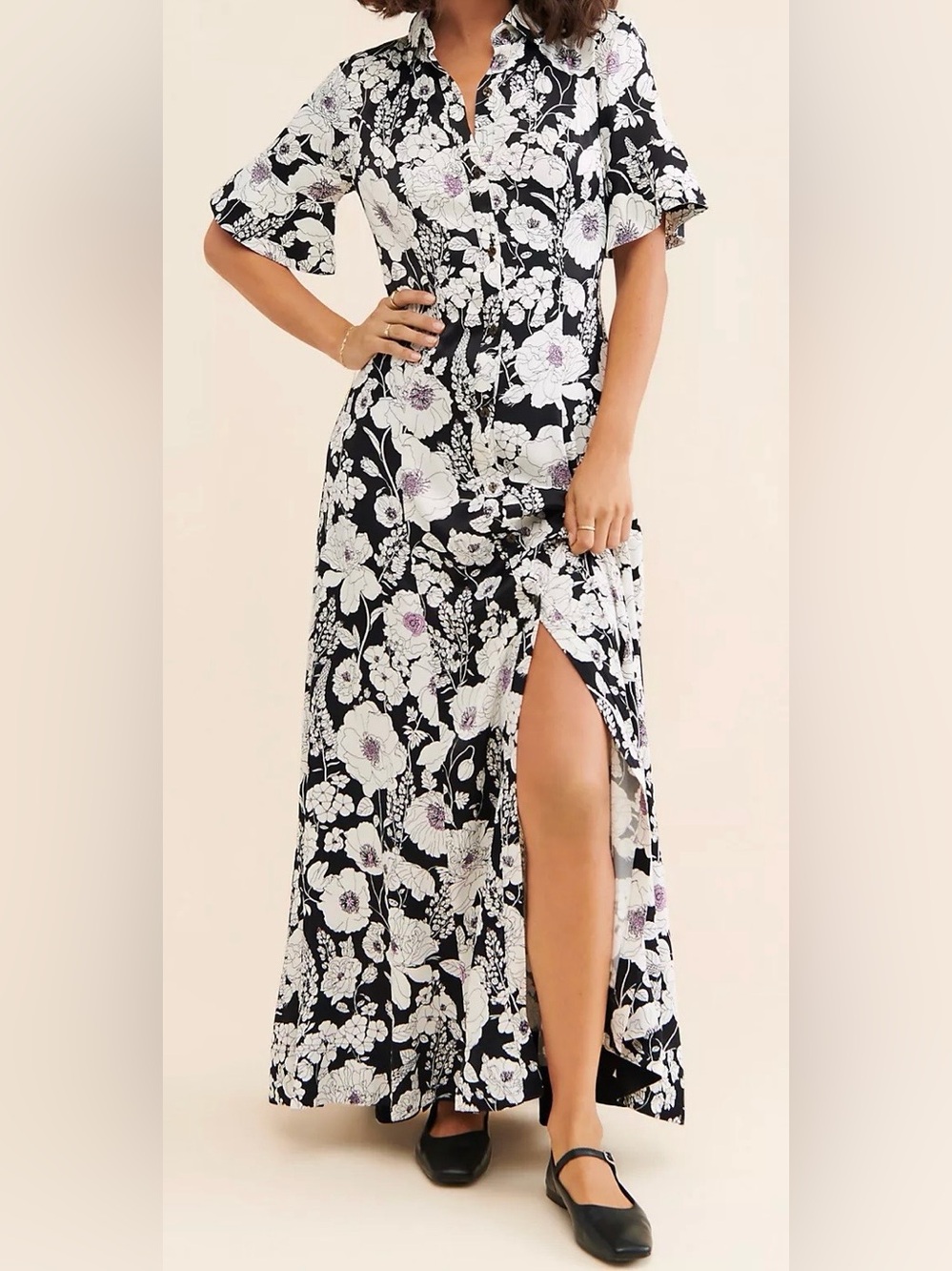 Maeve Black and White Floral Button-Front Maxi Dress